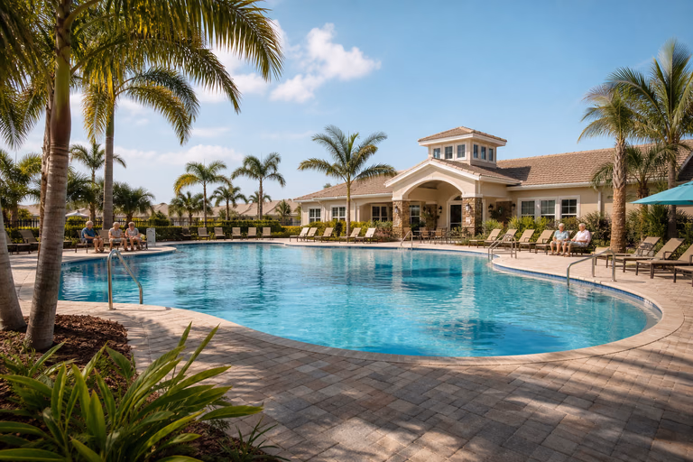 Wide outdoor pool, clubhouse, palms, and lounge areas in a Florida active-adult community