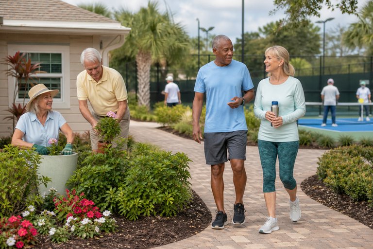Older adults enjoying walking, gardening, and recreation in a Florida community