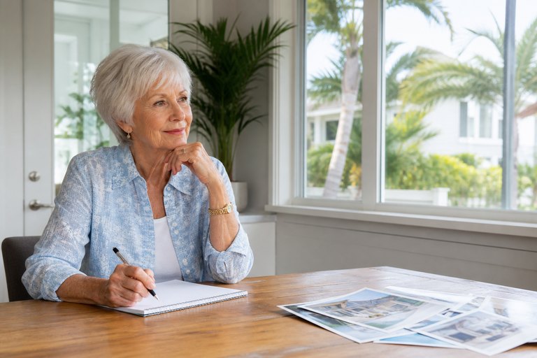 Older woman thoughtfully reviewing housing notes in a bright sunroom