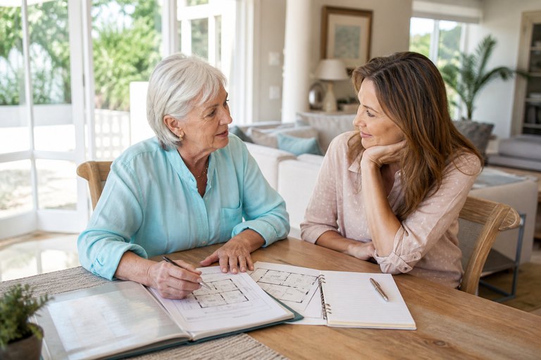 Senior mother and adult daughter reviewing a floor plan together