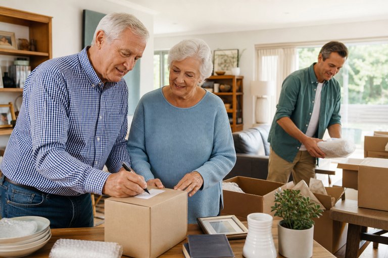Senior couple labeling a moving box with help from an adult family member