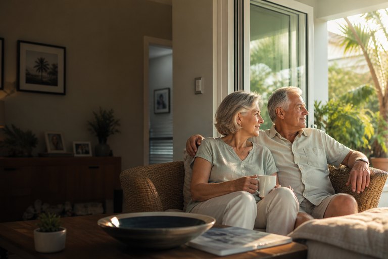 Senior couple relaxed and settled on a Florida patio