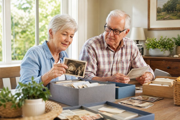 Older couple calmly sorting family photographs and keepsakes