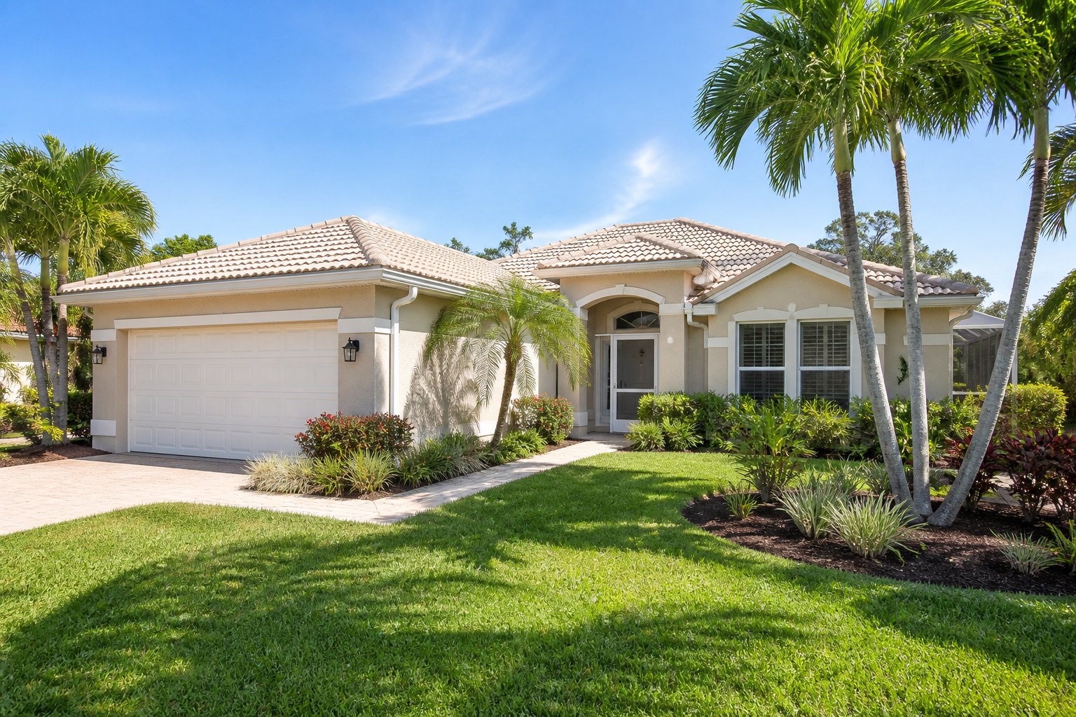 Original generated exterior of a polished single-story Clearwater-style home with tropical landscaping