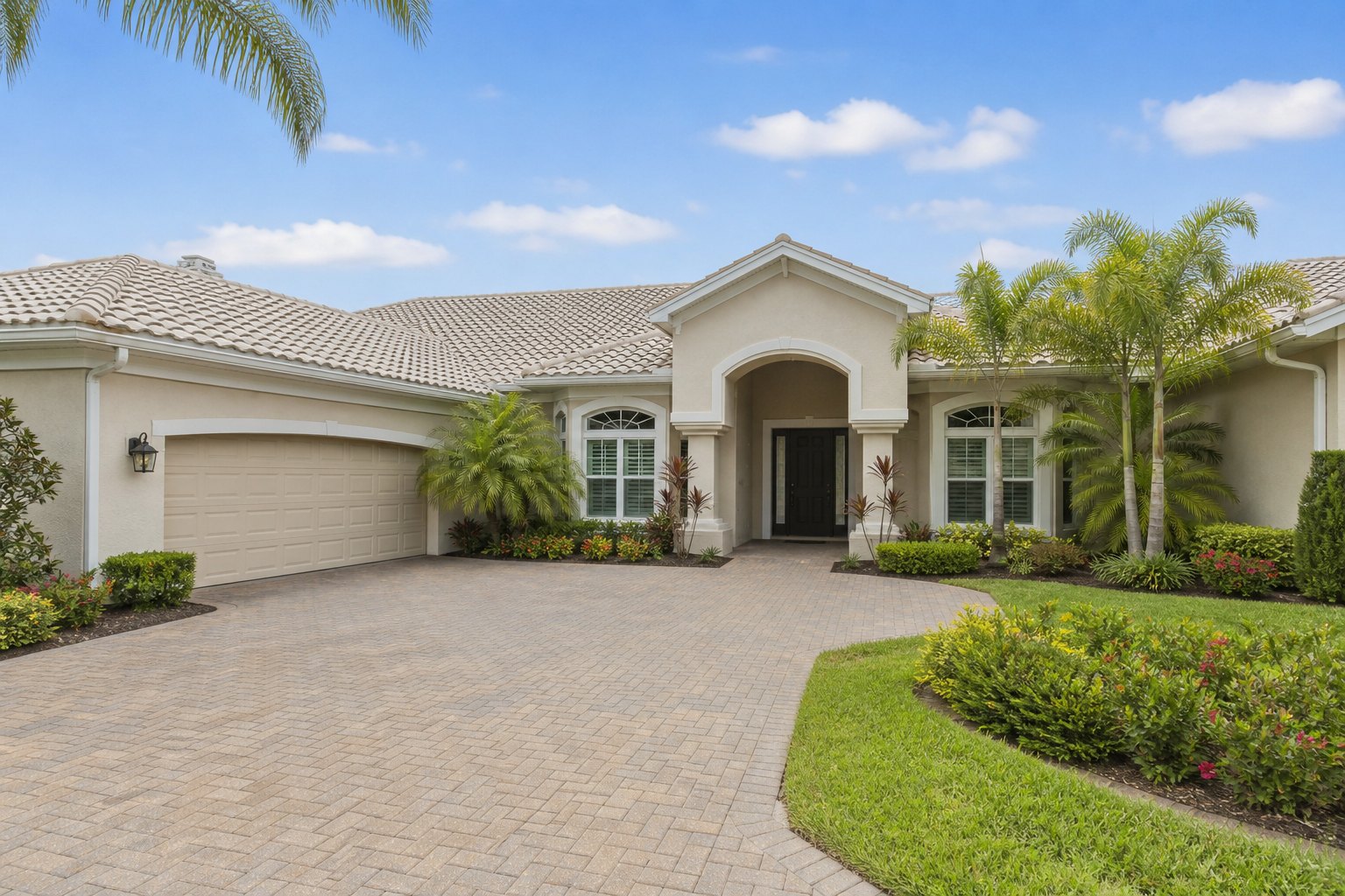Original generated exterior of a neutral single-story Florida villa with palm landscaping