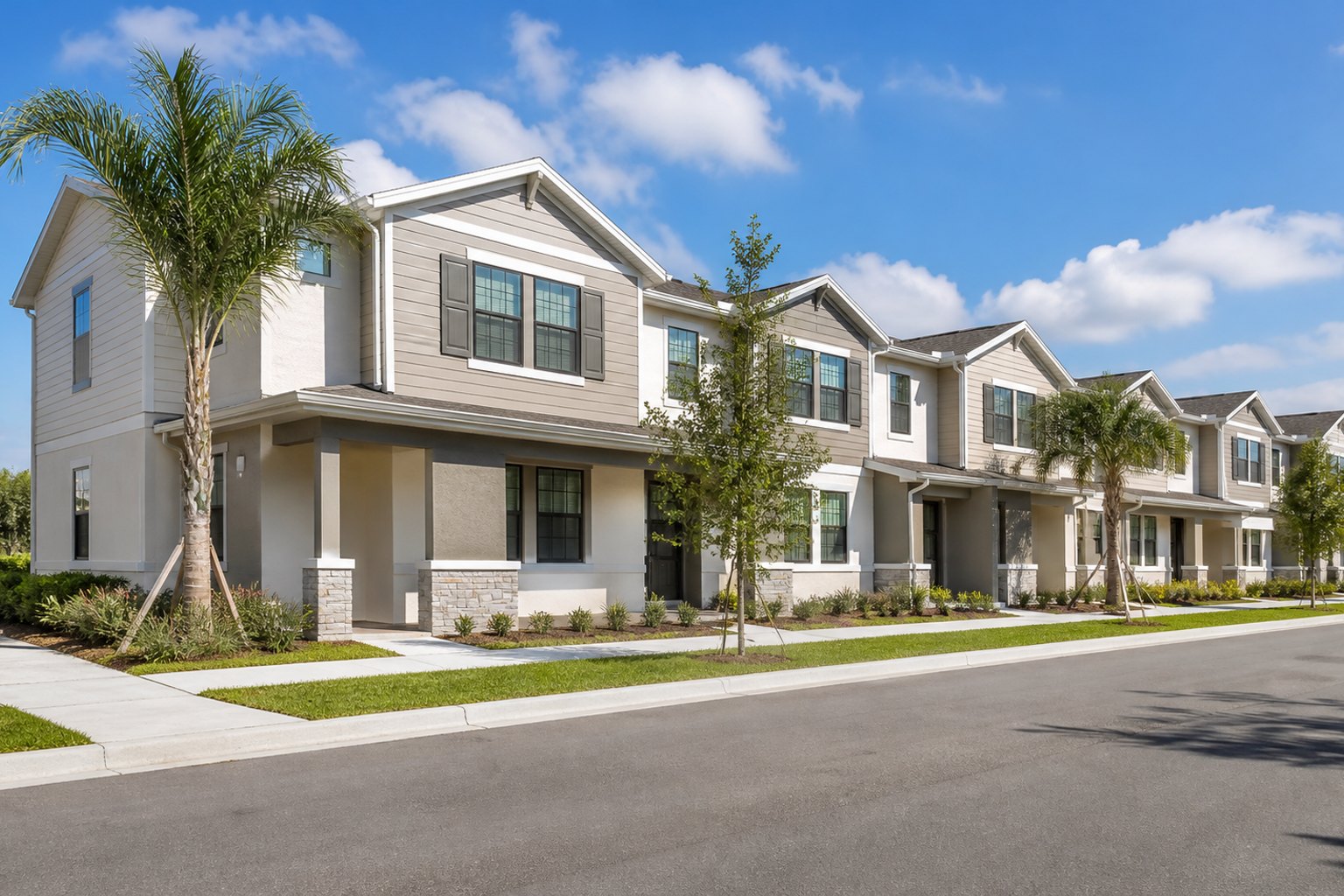 Original generated exterior of attached modern Florida townhomes in a planned community