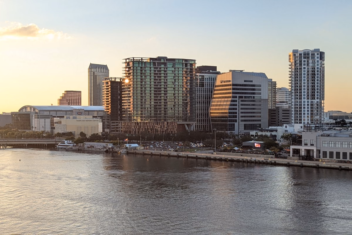 Downtown Tampa skyline along the waterfront at sunset in Hillsborough County